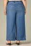 Mid Blue Denim Contour Shape Technology Ultra Skyrise Angled Dart Seams Smocked Waist Tie Leg Darts Plus Size Wide Leg Jean