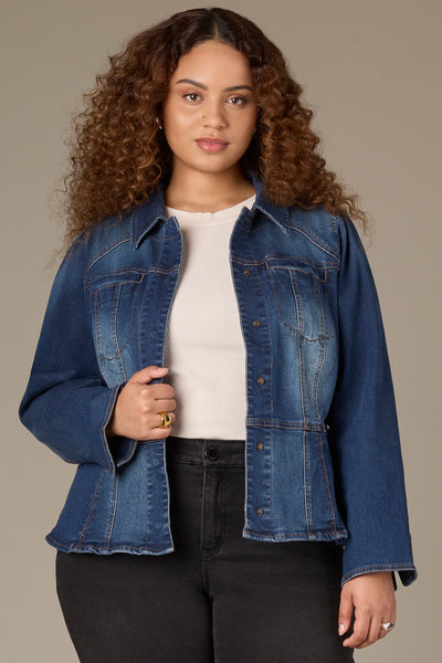 Long Sleeve Snap Front Peplum Hem Plus Size Denim Jacket – Wit