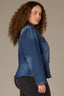 Blue Denim Long Puff Sleeve Collar Neck Snap Front Breast Pocket Peplum Hem Plus Size Jacket