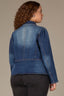 Blue Denim Long Puff Sleeve Collar Neck Snap Front Breast Pocket Peplum Hem Plus Size Jacket