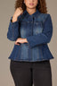 Blue Denim Long Puff Sleeve Collar Neck Snap Front Breast Pocket Peplum Hem Plus Size Jacket