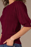 Wild Plum Pleated Cinched Elbow Sleeve Round Neck Banded Hem Scallop Edge Detail Open Work Plus Size Sweater Top
