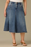 Mid Blue Artisanal Denim Double V-Yoke Seaming A-Line Midi Flare Hem Plus Size Skirt