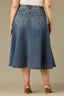 Mid Blue Artisanal Denim Double V-Yoke Seaming A-Line Midi Flare Hem Plus Size Skirt