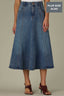 Mid Blue Artisanal Denim Double V-Yoke Seaming A-Line Midi Flare Hem Plus Size Skirt