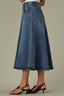 Mid Blue Artisanal Denim Double V-Yoke Seaming A-Line Midi Flare Hem Plus Size Skirt