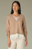 Pale Oak Ecru Three Quarter Sleeve V-Neck Rounded Lace Detail Twofer Design Straight Hem Lace Peek-Through Edge Sweater Top