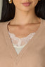 Pale Oak Ecru Three Quarter Sleeve V-Neck Rounded Lace Detail Twofer Design Straight Hem Lace Peek-Through Edge Sweater Top