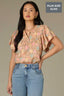 Golden Sugar Multi Short Puff Flutter Sleeve Round Neck U-Bib Yoke Pleated Half Zip Floral Print Plus Size Woven Top