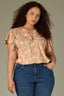Golden Sugar Multi Short Puff Flutter Sleeve Round Neck U-Bib Yoke Pleated Half Zip Floral Print Plus Size Woven Top
