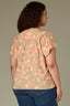 Golden Sugar Multi Short Puff Flutter Sleeve Round Neck U-Bib Yoke Pleated Half Zip Floral Print Plus Size Woven Top