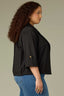 Black Long Button Roll Tab Sleeve Collar Neck Open Front Adjustable Cinched Back Hem Plus Size Woven Jacket