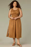 Butter Toffee Sleeveless Elastic Cased Bands Scoop Neck Smocked Waist Two Pockets Contrast Embroidered Side Midi Slit Hem Plus Size Woven Dress