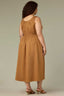 Butter Toffee Sleeveless Elastic Cased Bands Scoop Neck Smocked Waist Two Pockets Contrast Embroidered Side Midi Slit Hem Plus Size Woven Dress