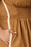 Butter Toffee Sleeveless Elastic Cased Bands Scoop Neck Smocked Waist Two Pockets Contrast Embroidered Side Midi Slit Hem Plus Size Woven Dress