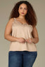 Pale Oak Sleeveless Ruched Elastic Stap V-Neck Lace Edge Side Panel Plus Size Woven Tank Top