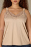 Pale Oak Sleeveless Ruched Elastic Stap V-Neck Lace Edge Side Panel Plus Size Woven Tank Top