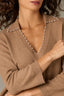 Coffee Cake Three Quarter Ribbed Sleeve V-Neck Collar Pearl Trim Seaming Banded Hem Plus Size Sweater Top