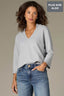 Heather Grey Three Quarter Ribbed Sleeve V-Neck Collar Pearl Trim Seaming Banded Hem Plus Size Sweater Top
