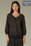 Charcoal Black Three Quarter Sleeve V-Neck Rounded Lace Detail Twofer Design Straight Hem Lace Peek-Through Edge Plus Size Sweater Top