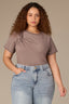 Oyster Mushroom Short Sleeve Scoop Neck Raw Edge Detailing Twist Front Plus Size Knit Top