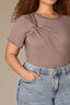 Oyster Mushroom Short Sleeve Scoop Neck Raw Edge Detailing Twist Front Plus Size Knit Top