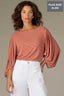 Heather Sandalwood Blush Three Quarter Blouson Sleeve Boat Neck Stripe Print Plus Size Knit Top

