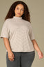 Heather Cream Drop Shoulder Elbow Sleeve Turtleneck Center Seams Boxy Striped Straight Slit Hem Plus Size Knit Top
