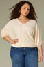 Ecru Seamless Blouson Cinched Cuff Sleeve V-Neck Center Seam Cased Hem Plus Size Woven Top