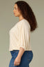 Ecru Seamless Blouson Cinched Cuff Sleeve V-Neck Center Seam Cased Hem Plus Size Woven Top