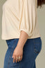 Ecru Seamless Blouson Cinched Cuff Sleeve V-Neck Center Seam Cased Hem Plus Size Woven Top