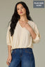Ecru Seamless Blouson Cinched Cuff Sleeve V-Neck Center Seam Cased Hem Plus Size Woven Top