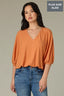 Roasted Carrot Seamless Blouson Cinched Cuff Sleeve V-Neck Center Seam Cased Hem Plus Size Woven Top