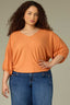 Roasted Carrot Seamless Blouson Cinched Cuff Sleeve V-Neck Center Seam Cased Hem Plus Size Woven Top