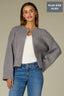 Grey Drop Shoulder Wide Sleeve Round Neck Hook Front Cable Knit Open Front Straight Hem Petite Sweater Cardigan