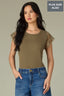 Olive Drab Pale Oak Extended Cap Sleeve Scoop Neck Scallop Crochet Detail Straight Hi-Low Hem Plus Size Knit Top
