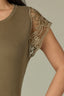 Olive Drab Pale Oak Extended Cap Sleeve Scoop Neck Scallop Crochet Detail Straight Hi-Low Hem Plus Size Knit Top