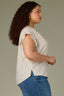 Ecru Brown Flutter Cap Sleeve Ruffle Stand Collar Split V-Neck Embroidered Polka Dot Print Plus Size Woven Top