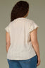 Ecru Brown Flutter Cap Sleeve Ruffle Stand Collar Split V-Neck Embroidered Polka Dot Print Plus Size Woven Top