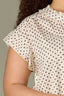 Ecru Brown Flutter Cap Sleeve Ruffle Stand Collar Split V-Neck Embroidered Polka Dot Print Plus Size Woven Top