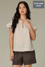 Ecru Brown Flutter Cap Sleeve Ruffle Stand Collar Split V-Neck Embroidered Polka Dot Print Plus Size Woven Top