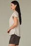 Ecru Brown Flutter Cap Sleeve Ruffle Stand Collar Split V-Neck Embroidered Polka Dot Print Plus Size Woven Top