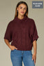 Maroon Below Elbow Dolman Sleeve Rolled Turtleneck Split Back Cable Stitch Front Straight Hem Plus Size Sweater Top