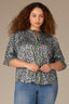 Black Deep Seagrass Multi Puff Elbow Scallop Sleeve Ruffle Stand Collar Neck Button Down Crochet Placket Pleated Yoke Floral Printed Plus Size Woven Top 