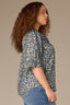 Black Deep Seagrass Multi Puff Elbow Scallop Sleeve Ruffle Stand Collar Neck Button Down Crochet Placket Pleated Yoke Floral Printed Plus Size Woven Top 