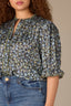 Black Deep Seagrass Multi Puff Elbow Scallop Sleeve Ruffle Stand Collar Neck Button Down Crochet Placket Pleated Yoke Floral Printed Plus Size Woven Top 
