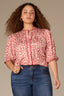 Off White Poppy Red Multi Puff Elbow Scallop Sleeve Ruffle Stand Collar Neck Button Down Crochet Placket Pleated Yoke Floral Printed Plus Size Woven Top