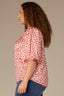 Off White Poppy Red Multi Puff Elbow Scallop Sleeve Ruffle Stand Collar Neck Button Down Crochet Placket Pleated Yoke Floral Printed Plus Size Woven Top