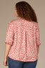 Off White Poppy Red Multi Puff Elbow Scallop Sleeve Ruffle Stand Collar Neck Button Down Crochet Placket Pleated Yoke Floral Printed Plus Size Woven Top