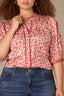 Off White Poppy Red Multi Puff Elbow Scallop Sleeve Ruffle Stand Collar Neck Button Down Crochet Placket Pleated Yoke Floral Printed Plus Size Woven Top